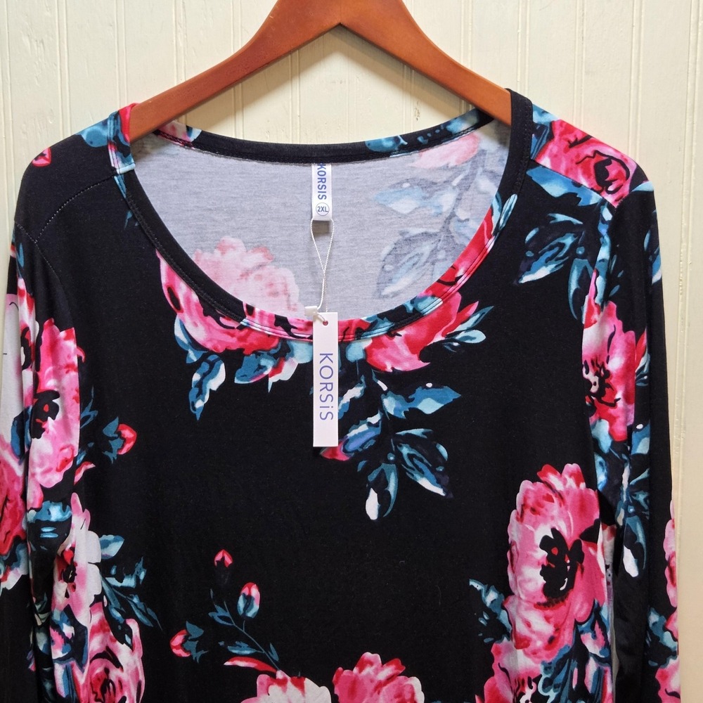 KORSIS Dress Womens 2XL Black Floral Long Sleeve Swing Knee Length Casual‎